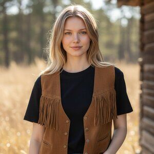 Vintage Fringed Leather Vest Fringed with Pockets